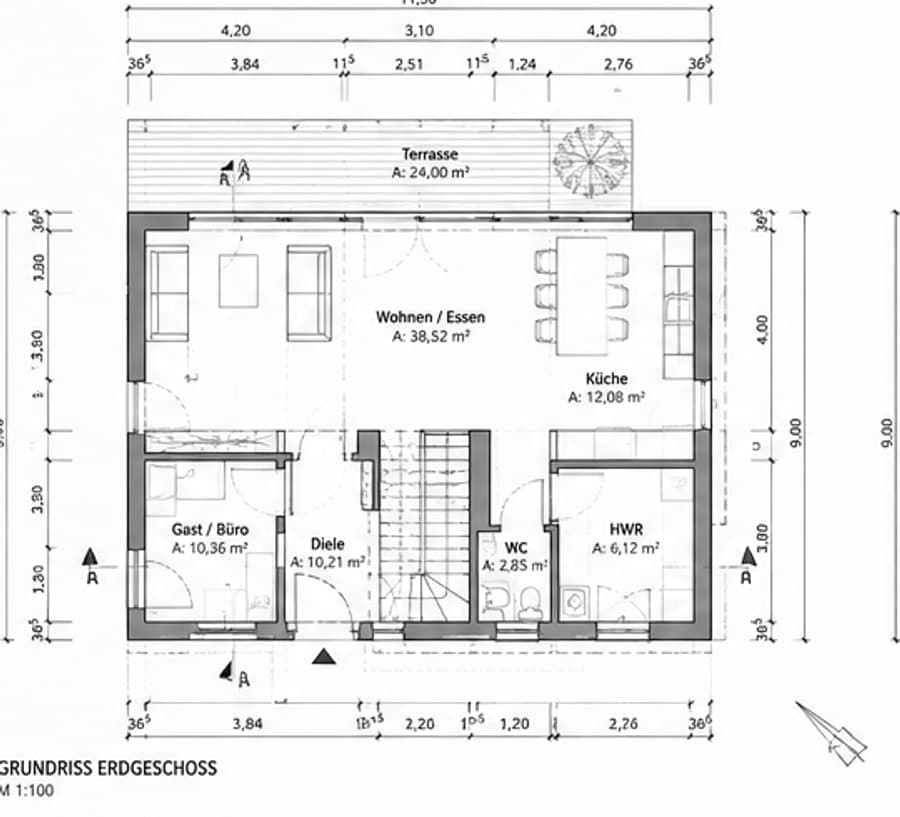 Werkplan, Grundriss Erdgeschoss im Maßstab 1:100