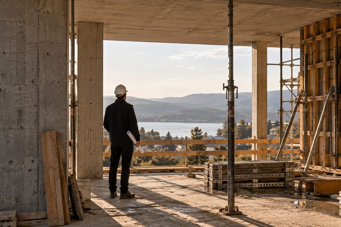 Architekt mit Planrolle im Rohbau, Blick durch die Öffnung auf den See