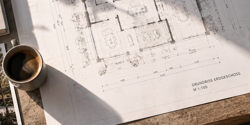 Grundriss des Erdgeschosses auf dem Zeichentisch
