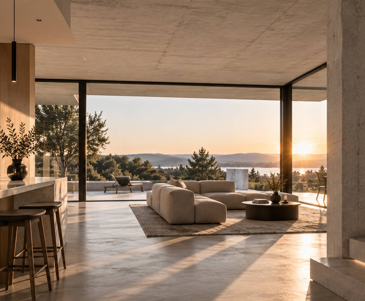 Wohnraum im Abendlicht mit Blick auf den See