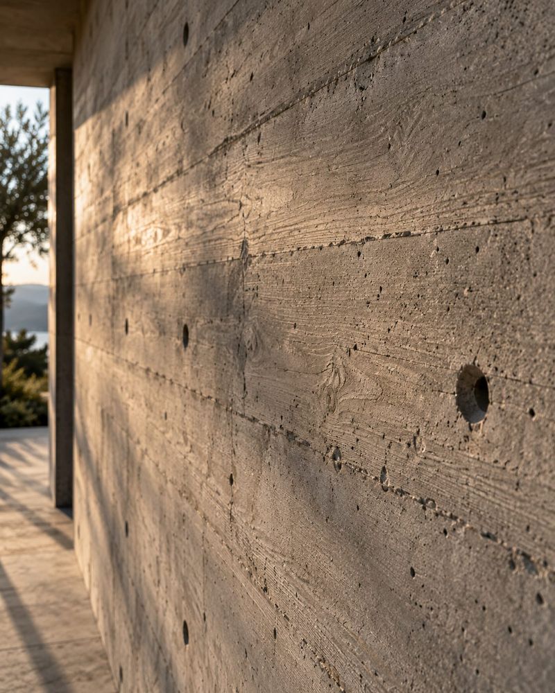 Nahaufnahme einer brettgeschalten Sichtbetonwand mit Holzmaserung und Ankerlöchern