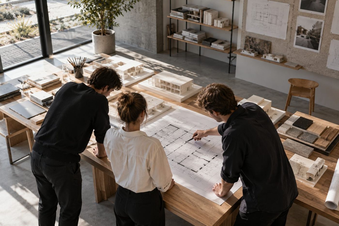 Drei Architekten am Zeichentisch über einem großen Grundriss, von hinten