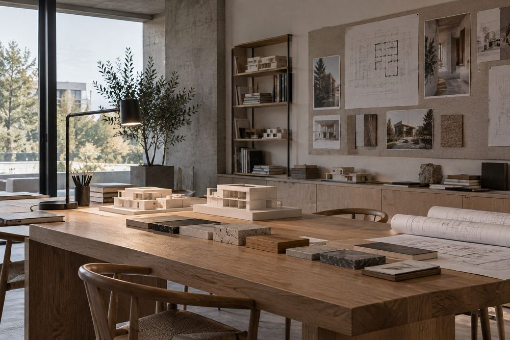 Der Arbeitsraum mit Modellen, Materialmustern und Plänen an der Wand