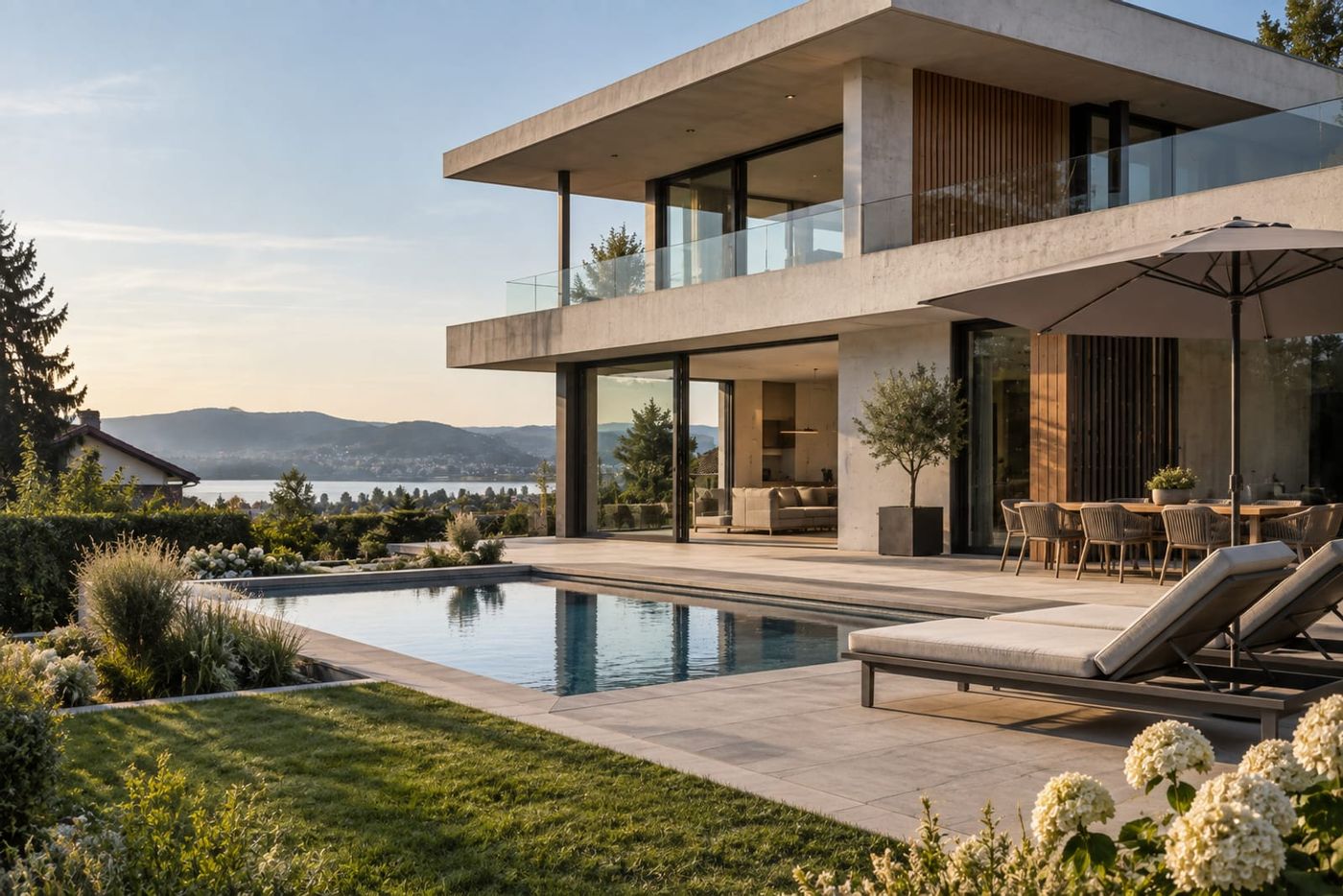 Das fertige Haus mit Pool und Blick über den See im Abendlicht