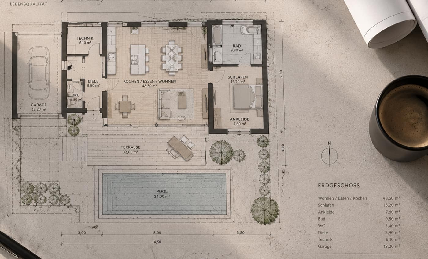 Entwurfsstudie eines eingeschossigen Hauses mit Pool