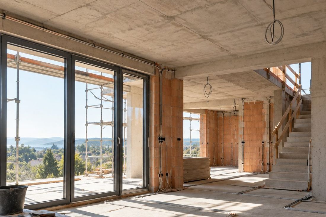 Innenraum im Rohbau mit Betontreppe und Blick auf den See