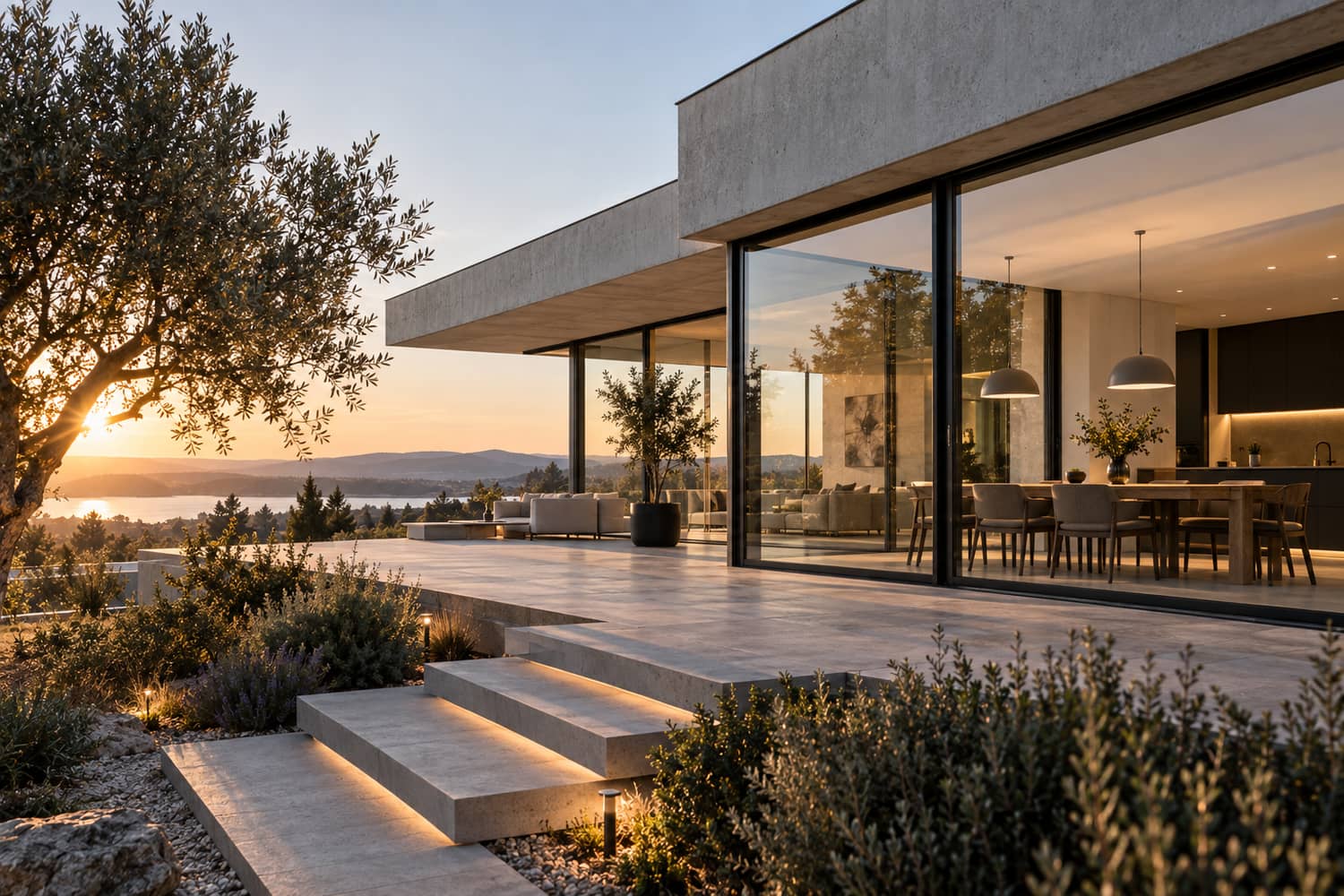 Terrasse mit beleuchteten Stufen im Abendlicht