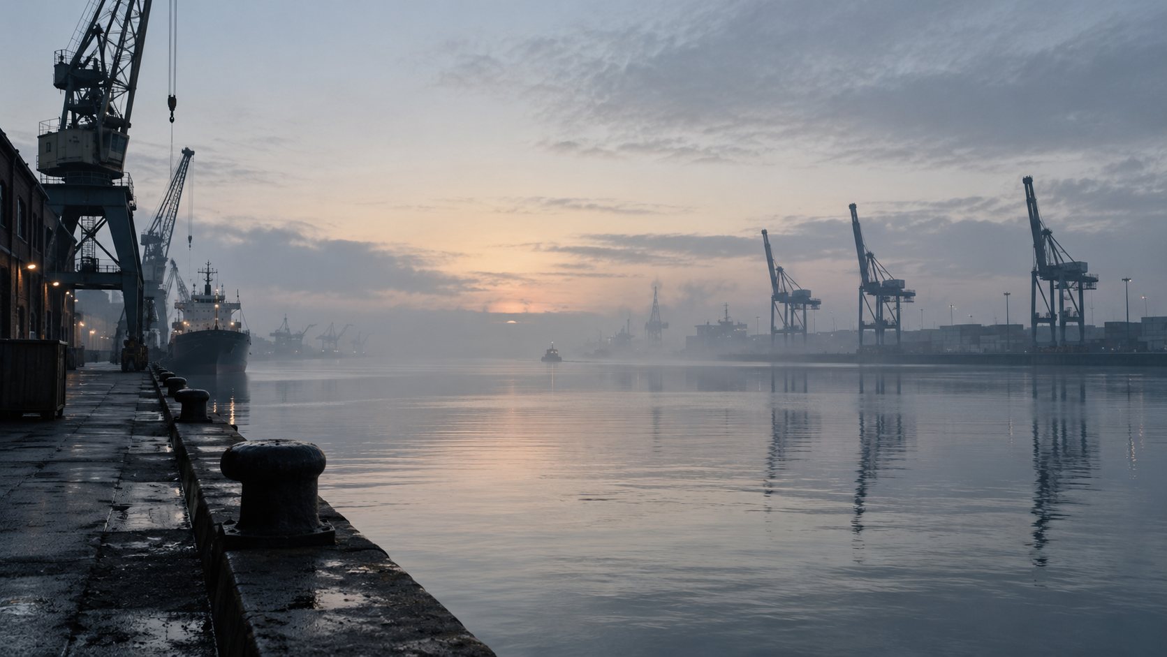 Hafenbecken im Morgengrauen, Kräne und ein Frachter im Dunst